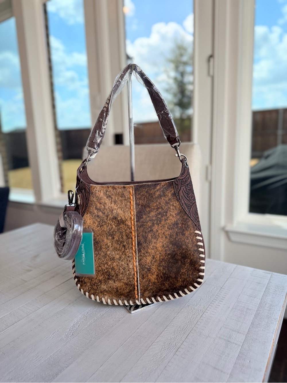 Trinity Ranch Cowhide & Tooled Leather Hobo Crossbody Bag Coffee